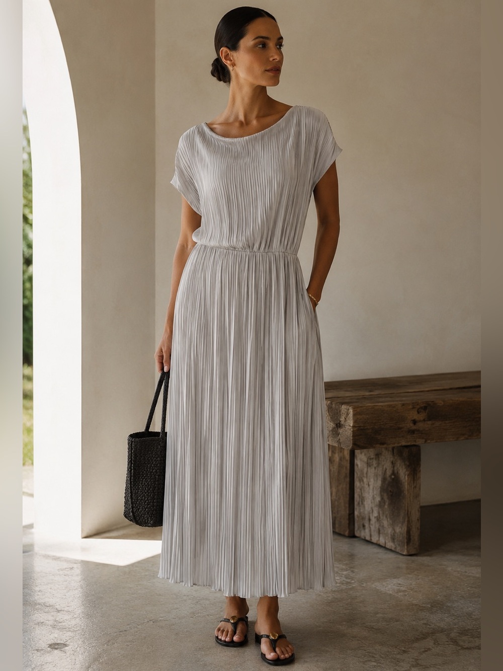 RUTI Pleated Draped Constance Maxi Dress Silver Grey XS/S